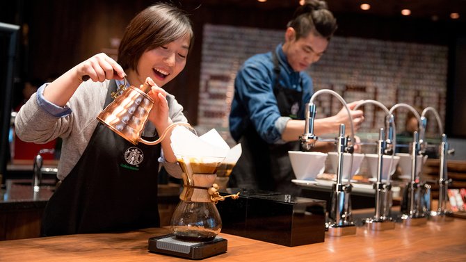 Drømmenes kaffeteater. Her er to ansatte i ferd med å klargjøre kaffe av ypperste kvalitet. Lekkert, lekent, estetisk og helt sikkert også ganske godt.
